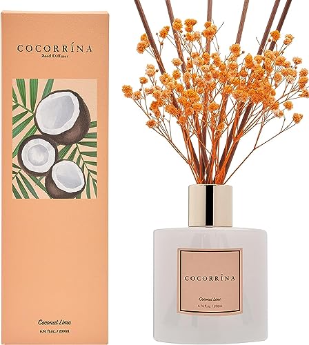 Cocorrína Raumduft Reed Diffuser mit 8 Duftstäbchen 200ml - Kokosnuss-Limette, Natürlich, Langanhaltend, Home Duft ätherisches Öl Reed Diffusor für Badezimmer Regal Dekoration von COCORRÍNA