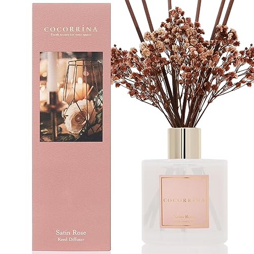 Cocorrína Raumduft Reed Diffuser mit 8 Duftstäbchen 200ml- Satin Rose, Natürlich, Langanhaltend, Home Duft ätherisches Öl Reed Diffusor für Badezimmer Regal Dekoration von COCORRÍNA