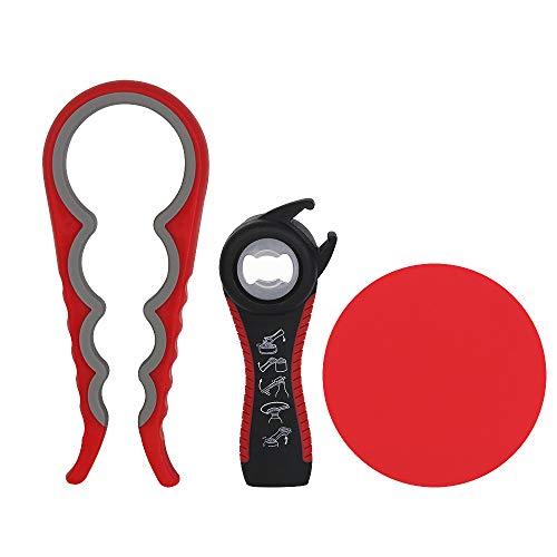 2 Stück 5 in 1 Multifunktions Dosenöffner, Premium Deckelöffner Set, Flaschenöffner mit Rutschfestem Griff für Senioren, Frauen（Rot） von CODIRATO