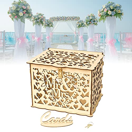 CODIRATO Hochzeit Geschenkkarten Box Vintage Holz Kartenbox mit Schloss Kartenbox Mr & Mrs Hochzeit Vintage Holz Kartenbox Briefkasten Kartenkiste für Hochzeit Geburtstag Baby Shower Dank Party von CODIRATO