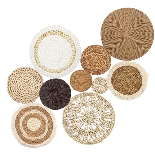 10 Stück Boho Wandkorb Wandbehang Rattan Dekor Flach Rund Gewebt Wasserhyazinthe Maisschale Bauernhaus Handgemachte Makramee Hängende gewebte Körbe für Wohnzimmer Schlafzimmer Esszimmer Büro (Dark) von CODOHI