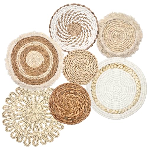 Boho-Wandkörbe, Wandbehang, Rattan-Dekor, flach, rund, gewebt, Wasserhyazinthe, Maisschalen, Bauernhaus, handgefertigt, Makramee, gewebte Körbe für Wohnzimmer, Schlafzimmer, Esszimmer, helle Farbe, 7 Boho-Wandkörbe, Wandbehang, Rattan-Dekor, flach, rund, gewebt, Wasserhyazinthe, Maisschalen, Bauernhaus, handgefertigt, Makramee, gewebte Körbe für Wohnzimmer, Schlafzimmer, Esszimmer, helle Farbe, 7 von CODOHI