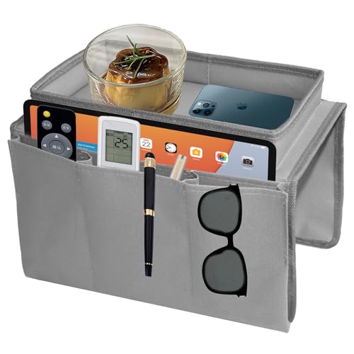 Sofa Armlehnen Organizer, Sofa Candy Veranstalter mit Tablett Aufbewahrungstasche mit Fernbedienung Halter für Telefon Buch Zeitschriften Tv Fernbedienung Brillen Tasse Trinker Snacks Tasche (Grau) von CODOMOR