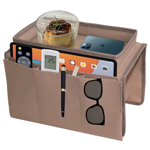 Sofa Armlehnen Organizer, Sofa Candy Veranstalter mit Tablett Aufbewahrungstasche mit Fernbedienung Halter für Telefon Buch Zeitschriften Tv Fernbedienung Brillen Tasse Trinker Snacks Tasche (khaki) von CODOMOR