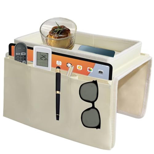 Sofa Armlehnen Organizer, Sofa Candy Veranstalter mit Tablett Aufbewahrungstasche mit Fernbedienung Halter für Telefon Buch Zeitschriften Tv Fernbedienung Brillen Tasse Trinker Snacks Tasche (weiß) von CODOMOR