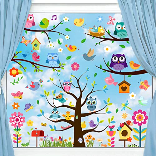 9 Blätter Fensterbilder, Frühling Fenstersticker 106 Stk,Selbstklebend Fenster deko Aufkleber Sommer Deko Fensterfolie, Fenstersticker Eule Blumen Schmetterlinge Fensterdeko für Kinderzimmer Party von COEKI