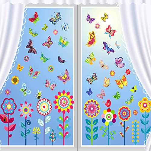 9 Blätter Fensterbilder, Frühling Fenstersticker 99 Stk, Selbstklebend Fenster deko Aufkleber Sommer Deko Fensterfolie, Fenstersticker Blumen Schmetterlinge Fensterdeko für Kinderzimmer Party von COEKI