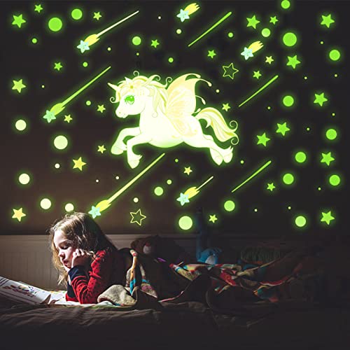 Leuchtsterne Selbstklebend Wandsticker Wandtattoo Kinderzimmer Mädchen, Einhorn Wandaufkleber mit Selbstklebend Sterne Fluoreszierend Sticker, Schlos Leuchtsticker Wandsticker für Mädchen Schlafzimmer von COEKI