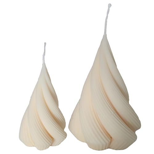 CÔEM - 2er Set Handgemachte Wirbel-Weihnachtsbaum Kerze aus Rapswachs (Naturwachs) „Klein & Groß feine Rillen“ - Kerzen Weihnachtsbaum Form in Weiß für Weihnachten mit Baumwolldocht (52g/129g) von CÔEM