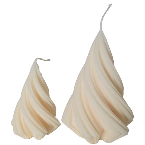 CÔEM - 2er Set Handgemachte Wirbel-Weihnachtsbaum Kerze aus Rapswachs (Naturwachs) „Klein & Groß grobe Rillen“ - Kerzen Weihnachtsbaum Form in Weiß für Weihnachten mit Baumwolldocht (52g/129g) von CÔEM