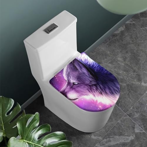COEQINE Niedlicher Wolf WC-Deckelbezug, rund, lila, länglicher WC-Deckelbezug, zierlich, leicht, tragbar, mit elastischem Bezug für Badezimmer, CZA28-1117-07 von COEQINE