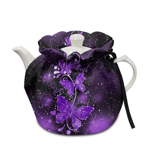 COEQINE Teewärmer für Teekanne, isoliert, violetter Schmetterlings-Druck, Teekanne, Staubschutz für Damen, Zuhause, Küche, Dekoration, Schwarz von COEQINE