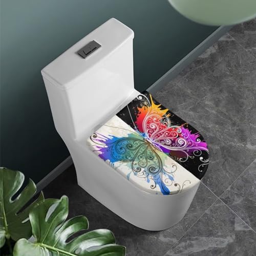 COEQINE Toilettendeckelbezug mit Schmetterlings-Druck, modisch, schwarz, Kunst, Regen, Toilettendeckel, länglich, Toilettensitzbezug, Deckelbezug für Badezimmer von COEQINE