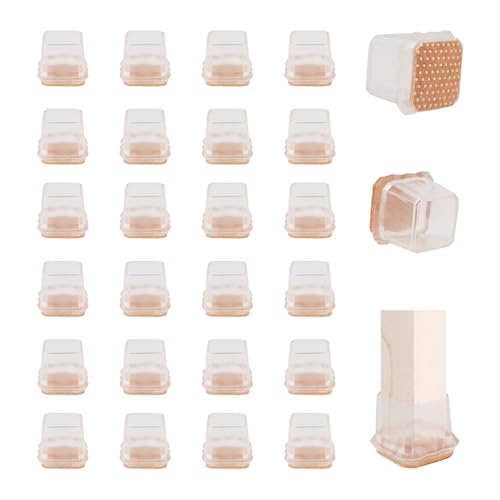 COEWUR 24 Stück Schutzkappen für Stuhlbeine Transparent Stuhlbeinkappen Eckig mit Filz Stuhlbeinschoner Gummi Filzgleiter für Stühle Hartholzböden Laminat und Fliesenböden (Fit: 23-30mm) von COEWUR
