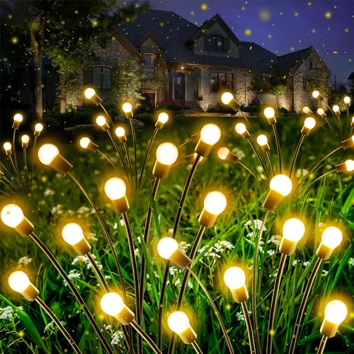 COFEMY Firefly Solar Gartenlichter, 2024 Neues Upgrade 4 Stück 10LED Solar Glühwürmchen Lichter,IP65 Wasserdicht Solarlampen für Außen Garten Fußweg Yard Patio Walkway Decor(Warm-Weiß) von COFEMY