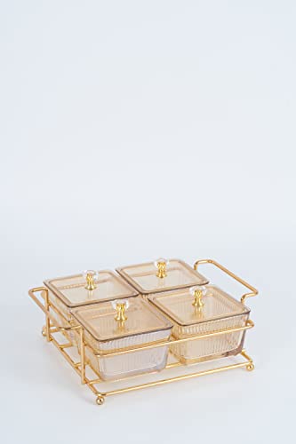 Knabber Schalenset 4 Fächer mit Deckel und Ständer Cerezlik Servierschale Knabberschale aus Glas für Süßigkeiten, Dips, Nüsse, Chips Gold von COFI 1453