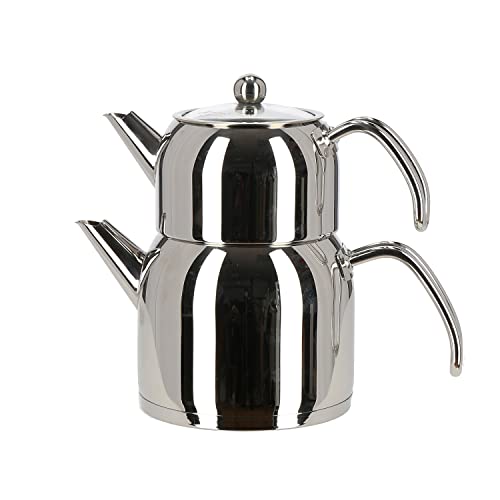 Teekanne Edelstahl Caydanlik Teekocher Wasser/Tee-Kessel Wasserkessel 2L, Teekessel 1L Griff Silber von COFI 1453