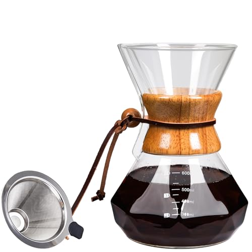 COFISUKI Pour Over Kaffeemaschine mit wiederverwendbarem Edelstahl-Tropffilter, bleifreies Borosilikatglas, Kaffeekaraffe mit modernem Holzkragen für 1–4 Tassen, Diamantklar (600 ml) von COFISUKI