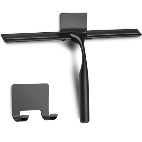 COFTCLMOMT 30CM Handheld Duschabzieher Mit Selbstklebe Haken, Edelstahl Glaswischer Abzieher Dusch für Badezimmer, Schwarz von COFTCLMOMT