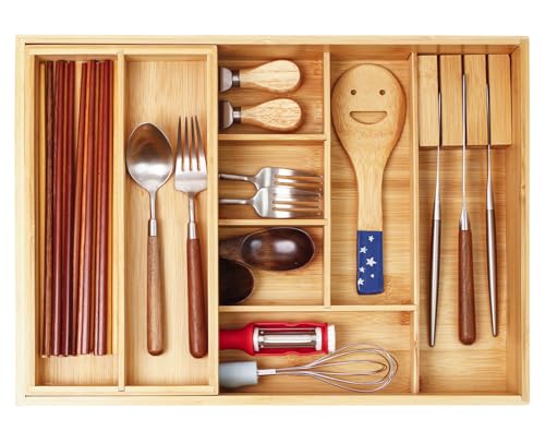 COIWAI Doppelschichtiger Bambus-Küchenschubladenorganizer, Küchenutensilien, Besteckkasten, herausnehmbares Utensilienfach, mit Messerblock, Besteck-Organizer, Mehrzweck-Aufbewahrungsbox von COIWAI