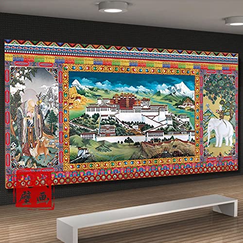 Wandgemälde Des Tibetischen Thangka-Potala-Palastes, Buddha-Halle, Sofa, TV-Hintergrundwand, Buddhistische Kultur, Glückverheißende Vier-Enden-Langlebigkeitstapete 200cm(W) x100cm(H) von COJIC