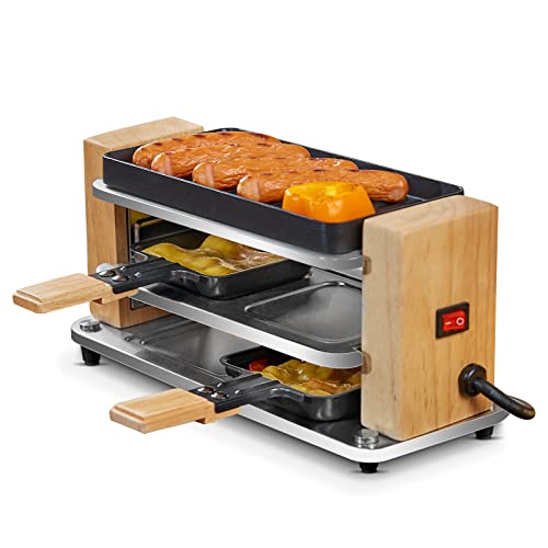 COKLAI Raclette Grill 2 Personen mit Antihaft beschichteter gestreifter Grillplatte, Mini Grill Raclette mit 2 Pfannen und Holzspatel, Naturholz Raclette 300 Watt von COKLAI