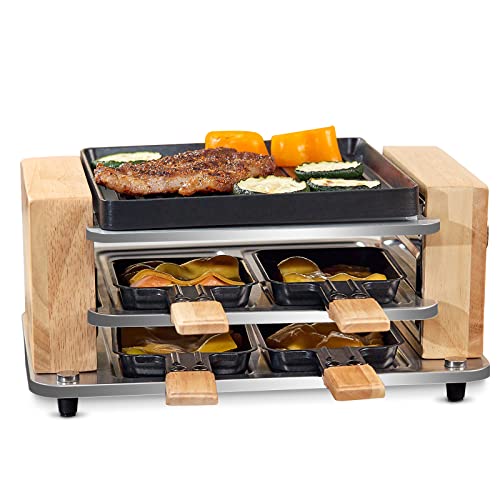 COKLAI Raclette Grill 4 Personen mit antihaftbeschichteter Gestreifte Grillplatte, mini Grill Raclette Gerät, Einstellbare Temperatur, 4 Pfännchen & Holzspatel, Naturholz raclette 4 personen, 550W von COKLAI