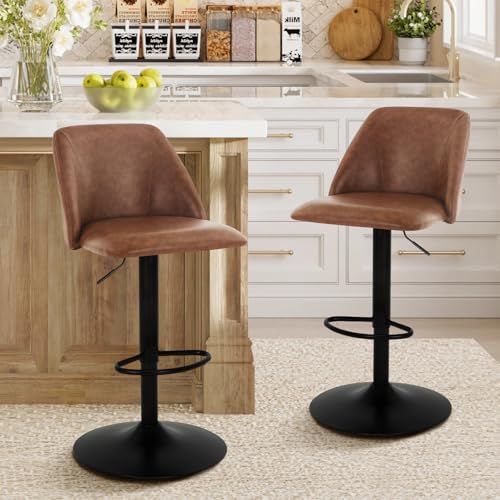 COLAMY 360° Drehbarer Höhenverstellbarer Barhocker 2er Set, Moderne Kücheninsel Barstühle mit Rückenlehne, PU-Kunstleder Barstühle mit Fußstütze – Geeignet für Küche, Bar, Esszimmer, Büro, Braun von COLAMY