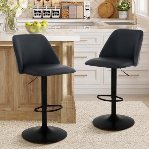 COLAMY 360° Drehbarer Höhenverstellbarer Barhocker 2er Set, Moderne Kücheninsel Barstühle mit Rückenlehne, PU-Kunstleder Barstühle mit Fußstütze – Geeignet für Küche, Bar, Esszimmer, Büro, Schwarz von COLAMY