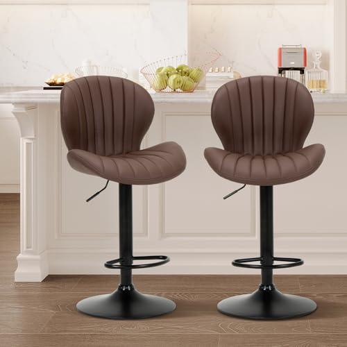 COLAMY Barhocker 2er Set, 360° Drehbarer Höhenverstellbarer Barstühle, Moderne Kücheninsel Barstools mit Rückenlehne, PU-Kunstleder Barstühle – Geeignet für Küche, Bar, Esszimmer, Büro, Braun von COLAMY