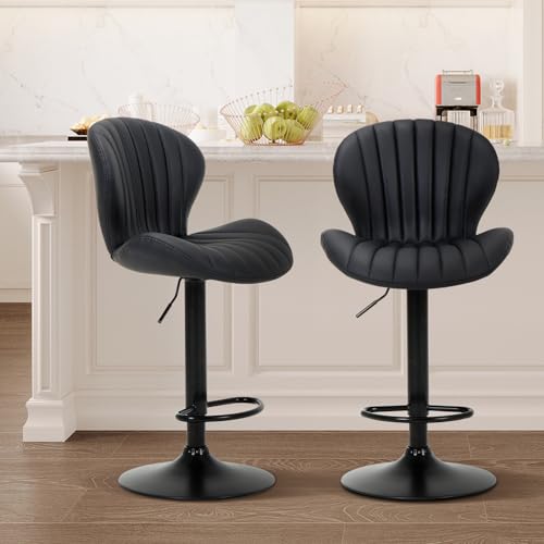 COLAMY Barhocker 2er Set, 360° Drehbarer Höhenverstellbarer Barstühle, Moderne Kücheninsel Barstools mit Rückenlehne, PU-Kunstleder Barstühle – Geeignet für Küche, Bar, Esszimmer, Büro, Schwarz von COLAMY