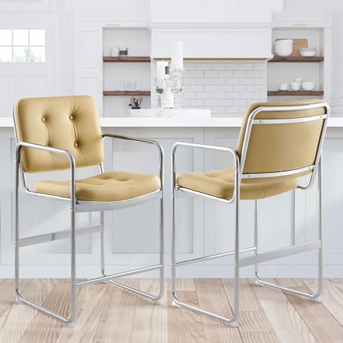 COLAMY Barhocker 2er Set, aus PU Leder Barstühle mit Metallfüßen & Knopfheftung, Belastbar bis 136kg pro Hocker, Moderne Küchenhocker für Bar, Wohnzimmer, Küche, Grün von COLAMY
