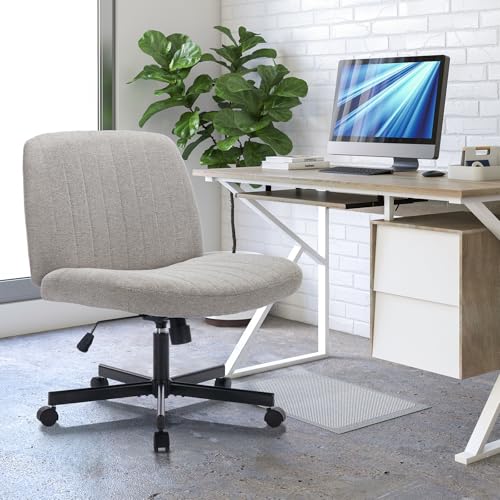 COLAMY Breiter Bürostuhl, Gepolsterter Armloser Schreibtischstuhl Drehbarer Home Office Stuhl 115° Wippfunktion Ergonomischer Computerstuhl für Home Office, Schminken, Gaming (Mit Rollen, Hellgrau) von COLAMY
