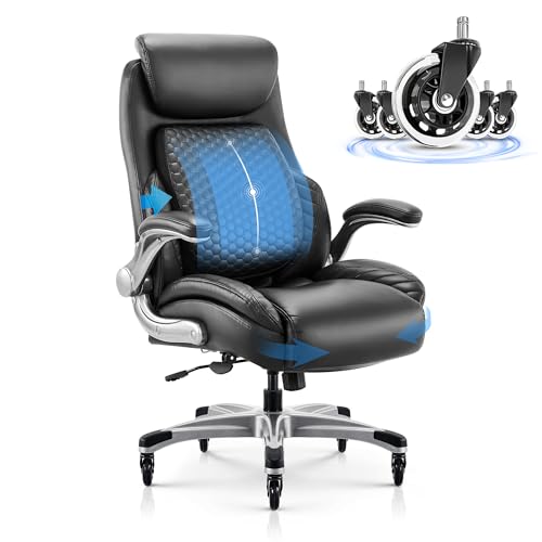 COLAMY Büro Ergonomischer Schreibtischstuhl mit hoher Rückenlehne, Lendenwirbelstütze, verbesserte Rollen, verstellbare Kopfstütze, hochklappbare Arme, Lederbezug mit dickem Kissen für Komfort von COLAMY