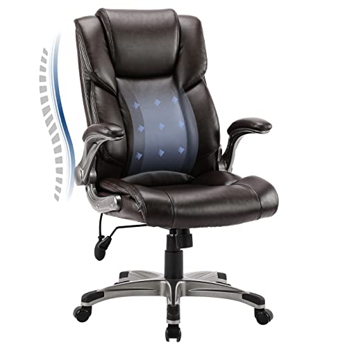 COLAMY Bürostuhl Ergonomisch, Chefsessel mit Hoher Rückenlehne, Schreibtischstuhl Lederstuhl mit Gepolsterten Klapparmlehnen, Verstellbarer Neigungsverschluss, Drehstuhl für Erwachsene, Braun von COLAMY