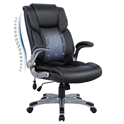 COLAMY Bürostuhl Ergonomisch, Chefsessel mit Hoher Rückenlehne, Schreibtischstuhl Lederstuhl mit Gepolsterten Klapparmlehnen, Verstellbarer Neigungsverschluss, Drehstuhl für Erwachsene, Schwarz von COLAMY