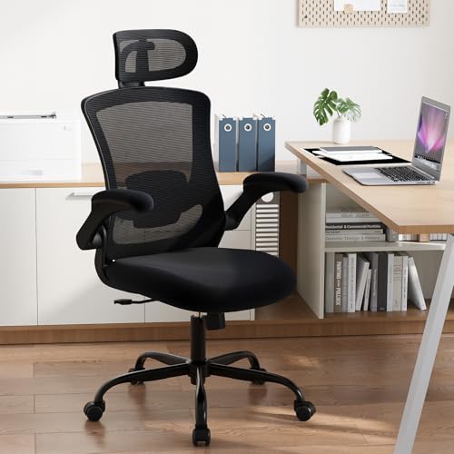 COLAMY Bürostuhl Mesh Computer Stuhl mit Verstellbarer Kopfstütze und Lendenwirbelstütze, Schreibtisch Ergonomischer Arbeitsstuhl mit hochklappbarer Armlehne, 140° Wippfunktion, Ganz Schwarz von COLAMY