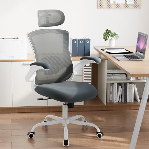COLAMY Bürostuhl Mesh Computer Stuhl mit Verstellbarer Kopfstütze und Lendenwirbelstütze, Schreibtisch Ergonomischer Arbeitsstuhl mit hochklappbarer Armlehne, 140° Wippfunktion, Grau von COLAMY