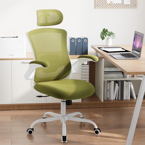 COLAMY Bürostuhl Mesh Computer Stuhl mit Verstellbarer Kopfstütze und Lendenwirbelstütze, Schreibtisch Ergonomischer Arbeitsstuhl mit hochklappbarer Armlehne, 140° Wippfunktion, Grün von COLAMY