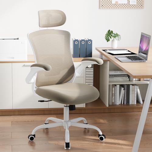 COLAMY Bürostuhl Mesh Computer Stuhl mit Verstellbarer Kopfstütze und Lendenwirbelstütze, Schreibtisch Ergonomischer Arbeitsstuhl mit hochklappbarer Armlehne, 140° Wippfunktion, Khaki von COLAMY