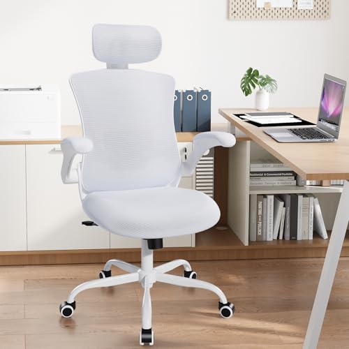 COLAMY Bürostuhl Mesh Computer Stuhl mit Verstellbarer Kopfstütze und Lendenwirbelstütze, Schreibtisch Ergonomischer Arbeitsstuhl mit hochklappbarer Armlehne, 140° Wippfunktion, Weiß von COLAMY