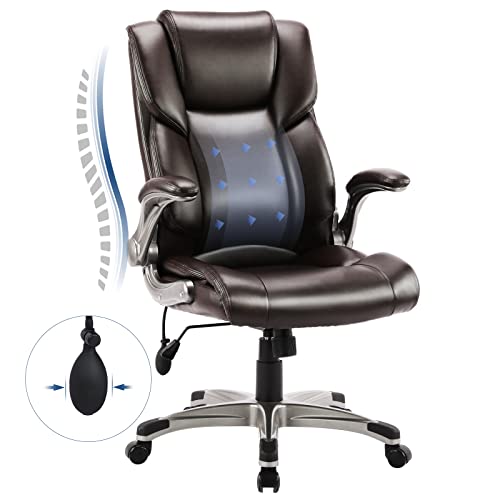 COLAMY Bürostuhl mit Hoher Rückenlehne, Ergonomischer Computer-Schreibtischstuhl, Lederstuhl mit Gepolsterten Klapparmlehnen, Verstellbarer Neigungsverschluss, Drehstuhl für Erwachsene, Braun von COLAMY