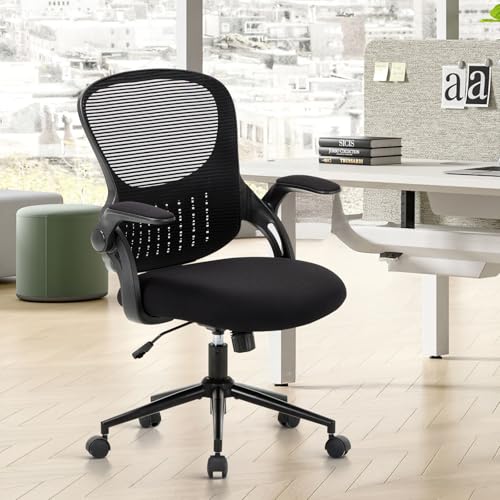 Bürostuhl mit gepolsterter 90° klappbarer Armlehne, Lendenwirbelstütze, höhenverstellbarer ergonomischer Bürostuhl, drehbarer Computerstuhl, bequemes Sitzkissen für Zuhause/Büro (Schwarz) von COLAMY