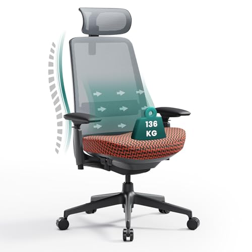 COLAMY Ergonomischer Bürostuhl, Mesh Computerstuhl mit hoher Rückenlehne, Office Chair mit Lendenwirbelstütze, verstellbare Kopfstütze und 4D Armlehnen, Schiebesitz, Koralle & Grau von COLAMY
