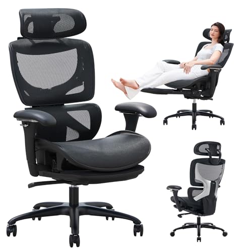 COLAMY Ergonomischer Bürostuhl mit Fußstütze – Chefsessel mit hoher Rückenlehne, Verstellbarer Kopfstütze & 3D-Armlehnen – Atmungsaktives Mesh, dynamische Lendenstütze, höhenverstellbar – Schwarz von COLAMY