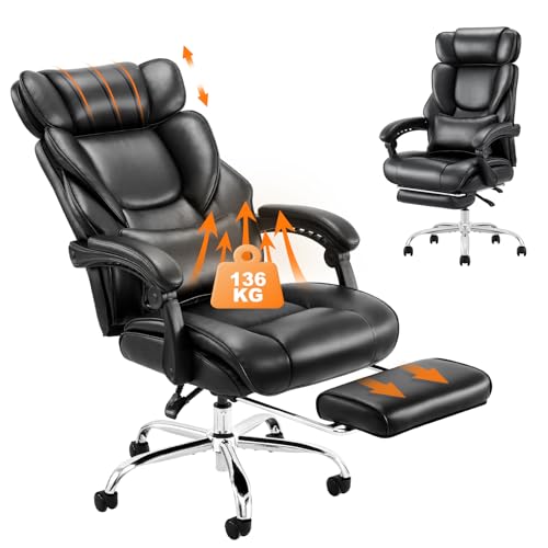 COLAMY Ergonomischer Bürostuhl mit Fußstütze & Lendenkissen - Chefsessel mit Verstellbarer Rückenlehne (90-135°), Hochwertiges Leder, Home Office Chair für Langzeitkomfort, Schwarz von COLAMY