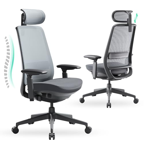 COLAMY Ergonomischer Bürostuhl mit Verst. Lenden- & Kopfstütze - Höhenverst., 4D Armlehnen, Sync.-Mechanik - Mesh Office Chair Hochlehner für Homeoffice (Schwarz-Grau) von COLAMY