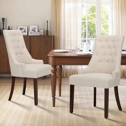 COLAMY Esszimmerstühle 2er Set, Moderne Küchenstuhl Gepolsterte Esszimmerstühle im Wingback, Polsterstuhl Wohnzimmerstuhl mit Knopfsteppung für Esszimmer, Küche, Restaurant mit Holzbeinen, Beige von COLAMY