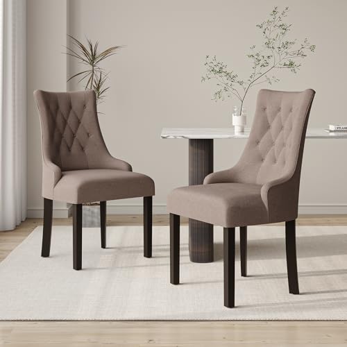 COLAMY Esszimmerstühle 2er Set, Moderne Küchenstuhl Gepolsterte Esszimmerstühle im Wingback, Polsterstuhl Wohnzimmerstuhl mit Knopfsteppung für Esszimmer, Küche, Restaurant mit Holzbeinen, Taupe von COLAMY