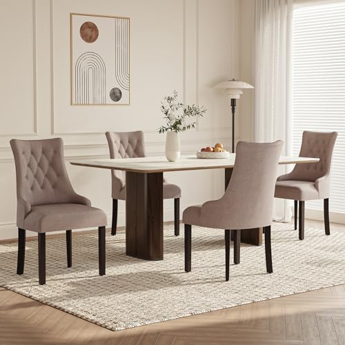 COLAMY Esszimmerstühle 4er Set, Moderne Küchenstuhl Gepolsterte Esszimmerstühle im Wingback, Polsterstuhl Wohnzimmerstuhl mit Knopfsteppung für Esszimmer, Küche, Restaurant mit Holzbeinen, Taupe von COLAMY